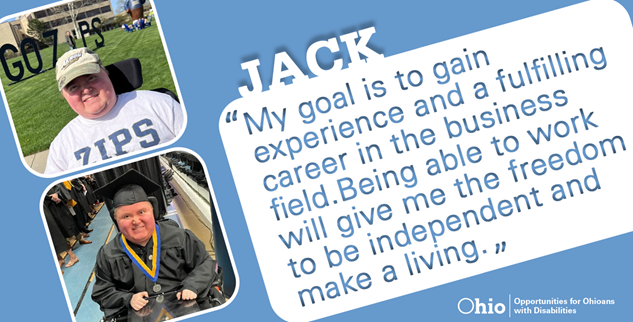 Man wearing baseball cap and shirt, and same man wearing graduation cap and gown. Text, My goal is to gain experience and a fulfilling career