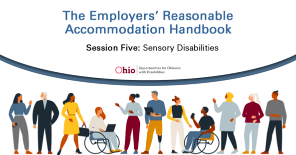 Graphic of the Employers Reasonable Accommodation Handbook caractures of people with disabilities