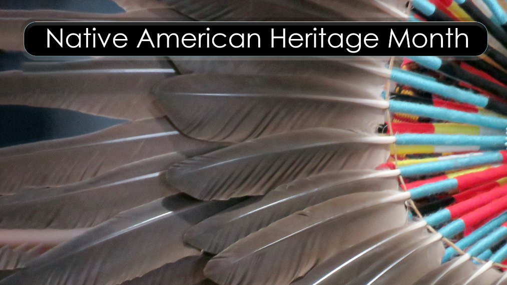 Graphic of blue and red and brown feathers. Text, Native American Heritage Month