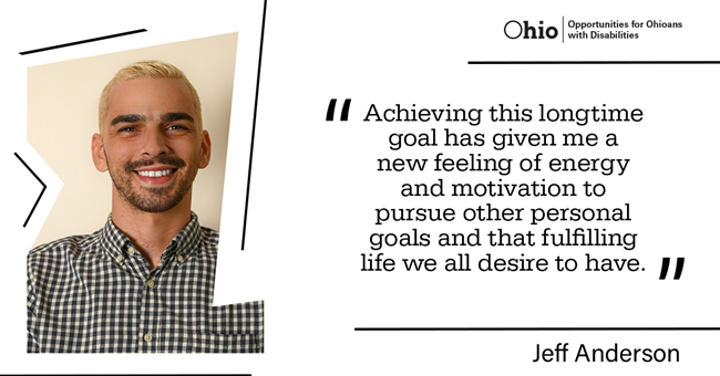 Photo of man smiling wearing a plaid shirt with text Achieving this longtime goal has given me a new feeling of energy and motivation