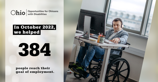 Photo of man in a wheelchair at a lap top with text OOD has helped 384 people reach their employment goal