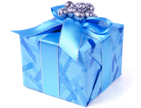 Photo of a present wrapped in blue wrapping paper and ribbon with siver bells on top