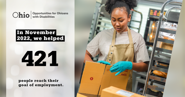 Photo of woman looking down, opening a box, OOD logo. Text, In November 2022, we helped 421 people reach their goal of employment