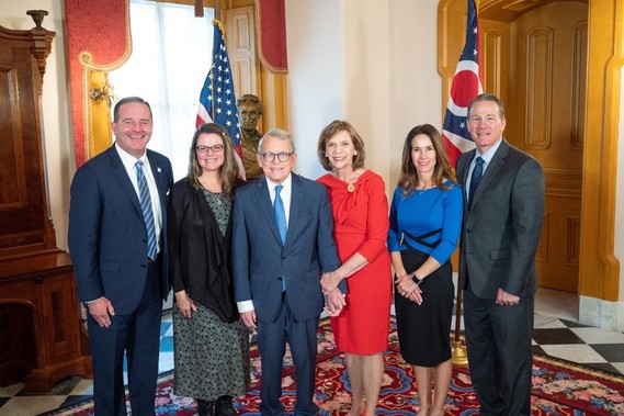 Photo of Director Mller, wife Becky, Governor DeWine, First Lady Fran, Lt. Governor Husted, and Second Lady Tina