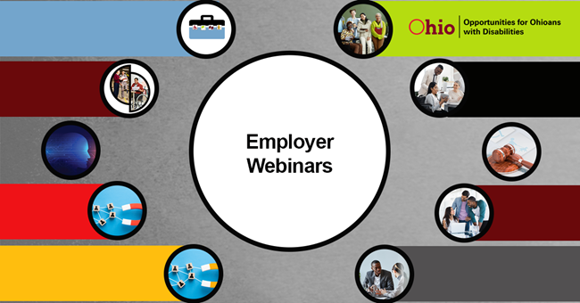 Photos of people working. Text Employer Webinars  OOD Logo.