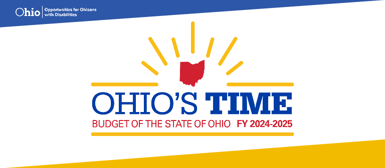 Graphic of sun rays. Text, Ohio's Time, Budget of the State of Ohio FY  2024-2025