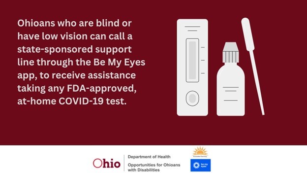 Graphic of pill bottle, qtip text, Ohioans who are blind can call a state-sponsored support line through the Be My Eyes app