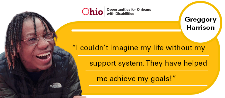 Photo of Greggory Harrison. OOD logo. Text, I couldn't imagine my life without my support system. 