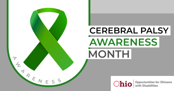 Cerebral Palsy Awareness Month green ribbon and O O D logo