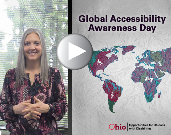 Global Accessibility Awareness Day video thumbnail image with Julie Wood smiling and folding her hands in front of her
