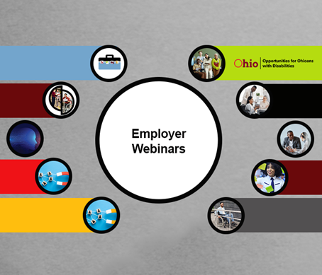 Text Employer Webinars, OOD logo, graphics of people working