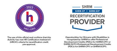 HRCI and SHRM logos 2023 are red and blue