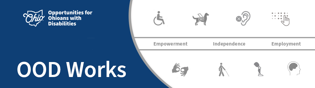 graphic of universal disability signs, OOD logo, Text OOD Works