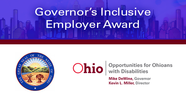 Text Governor's Inclusive Award , OOD logo, sunsetting, text, the Great Seal of the State of Ohio