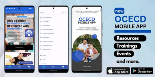 Graphic of cell phones showing features of the OCECD Mobile App.