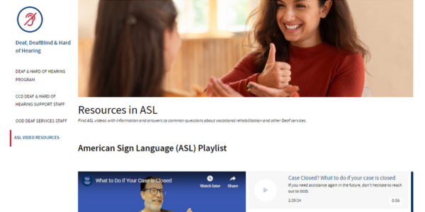 screenshot of the Resources in A S L web page on O O D's website Deaf Services section
