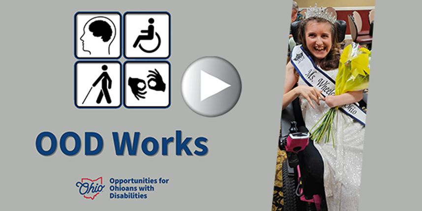 Miss Wheelchair Ohio smiling at the camera wearing a tiara and holding a bouquet of flowers.