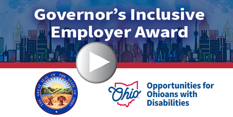Governor's Inclusive Employer Award with play button linking to related video.