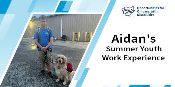 Summer Youth Work Experience participant Aidan White standing beside his service dog.