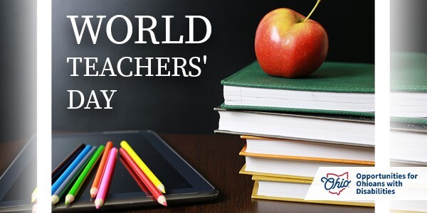 World Teachers' Day graphic of an apple on top of a stack of books and colored pencils on a tablet.