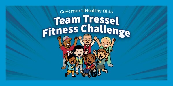 Seven graphic figures of Lt. Governor and students. Text: Governor's Healthy Ohio Team Tressel Fitness Challenge