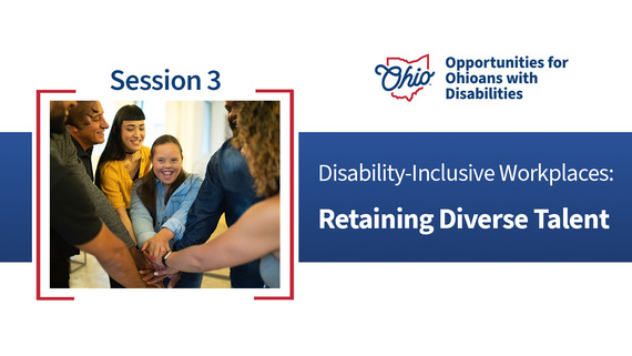 Disability-Inclusive Workplaces: Retaining Diverse Talent graphic and the OOD logo with an image of a group of people putting their hands together
