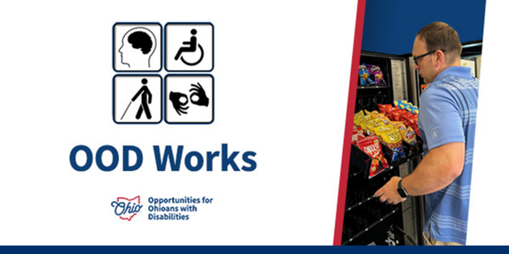 Brian fills a vending machine with snacks. Universal disability symbols/ Text: OOD Works.