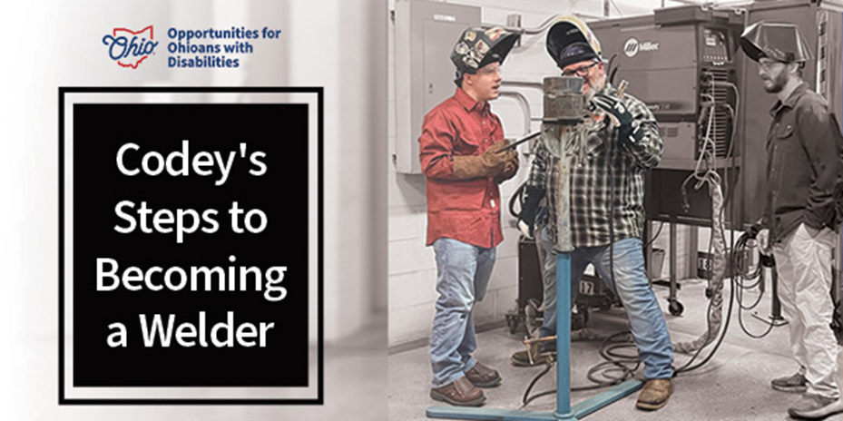 Codey wears a welding hood and looks at device used by Jason, Welding Coordinator, also in a welding hood. A man overlooks the activity.