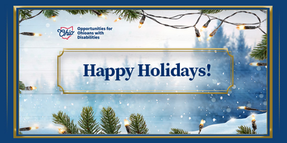 Holiday lights and pine branches. Text: Happy Holidays!