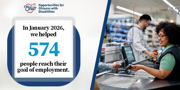 Woman cashier helps customer at store. text: In Jan. 2026, we helped 574 people reach their goal of employment.