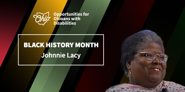 Headshot of Johnnie Lacy and diagonal red, orange, and green stripes. Text: Black History Month.