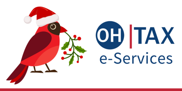 Image of the OH|TAX eServices logo with a Cardinal bird wearing holiday tinsel.