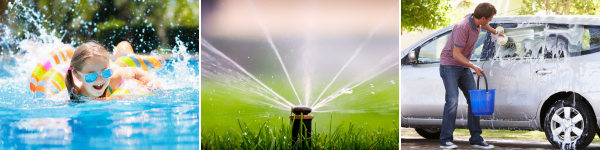 Collage of photos featuring a sprinkler system, washing car tire, child in swimming pool