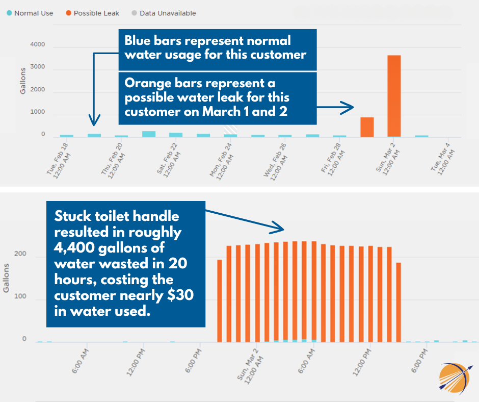 Water Smart graph that shows actual water use and impact caused by a stuck toilet handle. 
