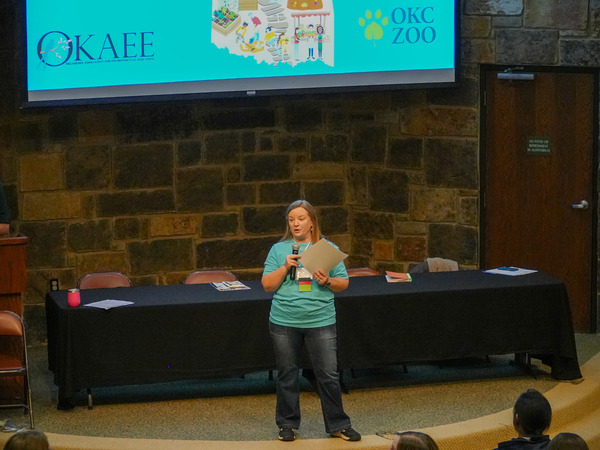 Sara leads the welcome session at the Oklahoma Association for Environmental Education's EE Expo.