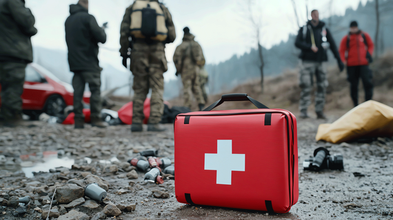first responders at a disaster and an aid kit