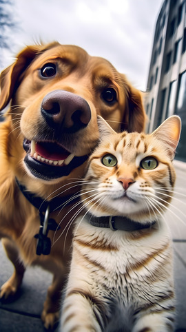 A dog and a cat looking at the camera.