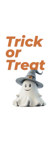 Trick or Treat with a cute ghost in a witches hat. 