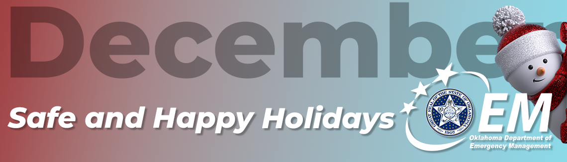 December, Safe and Happy Holidays. Images of a snowflake man peaking in at you. Logo, OEM.