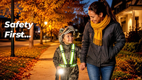 a boy with reflector straps, a flashlight in a dinosaur costum with his mom.