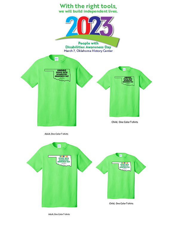 Four t-shirts with People with Disabilities Awareness Day 2023 logo.