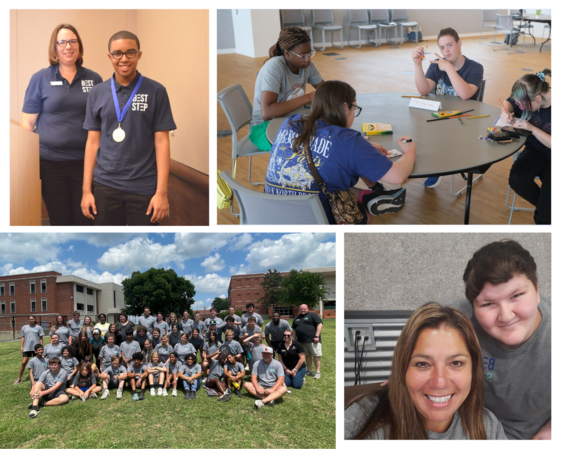 STEP camper with his job coach, group of students at a table, group of campers in a group photo, STEP camper with her job coach