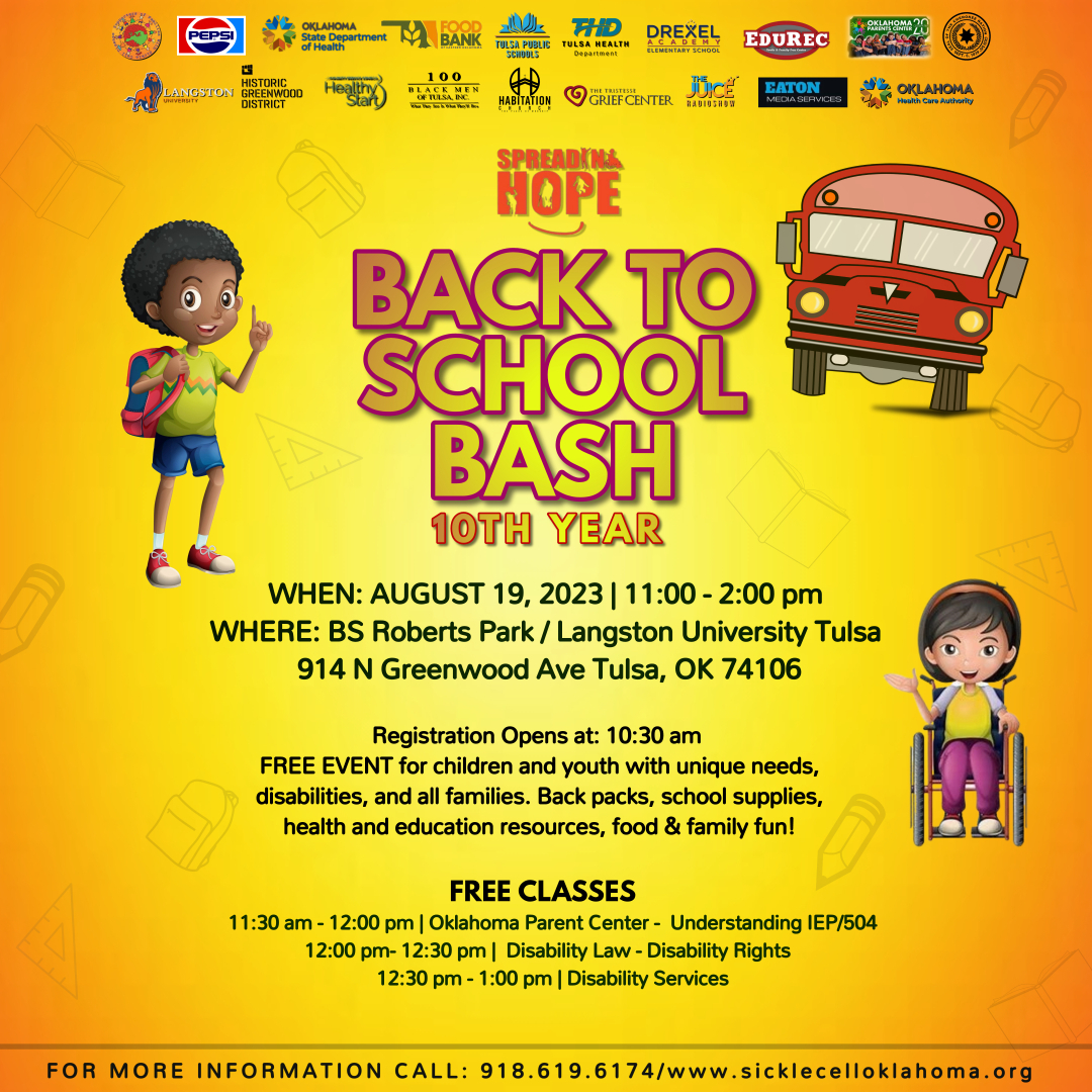 Spreading Hope Back to School Bash 10th year;  August 19, 2023;  BS Roberts Park/Langston University Tulsa; 914 N. Greenwood Ave. Tulsa, OK  74106