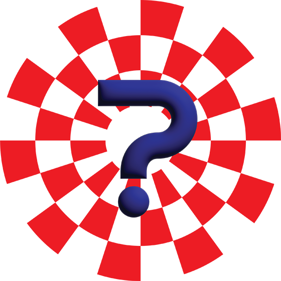 Blue question mark on red spiral background.