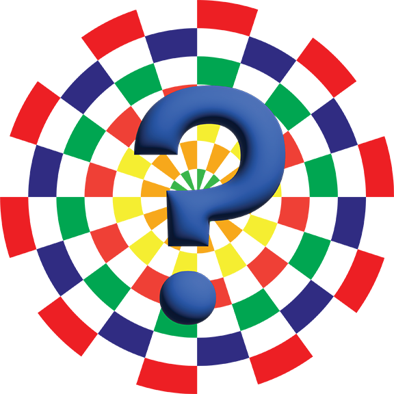 Blue question mark on top of spiral of multicolored blocks.