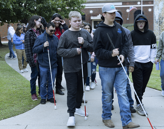 People with canes walking on sidewalk.