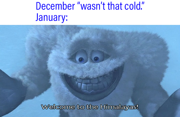 Words "December wasn't that cold. January:" Photo of snow monster with words welcome to the Himalayas."