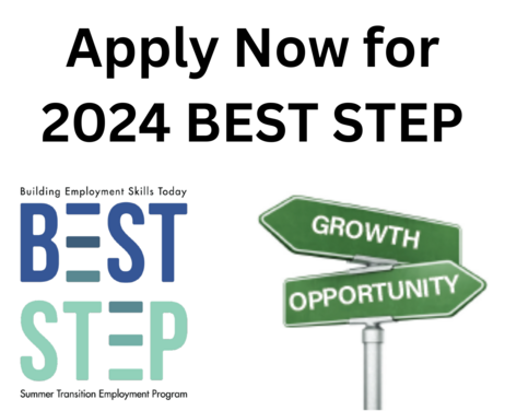 Apply Now for 2024 BEST STEP, imagew of BEST STEP logo and image of Growth and Opportunity street signs 