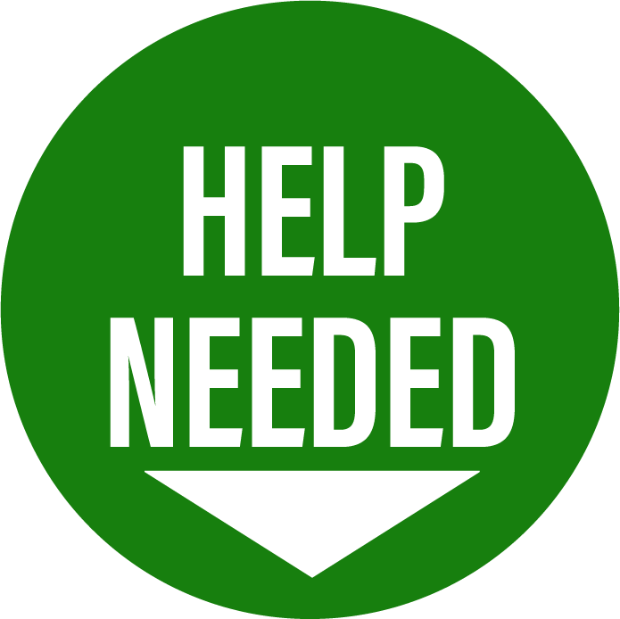 Green circle with white arrow and words help needed.