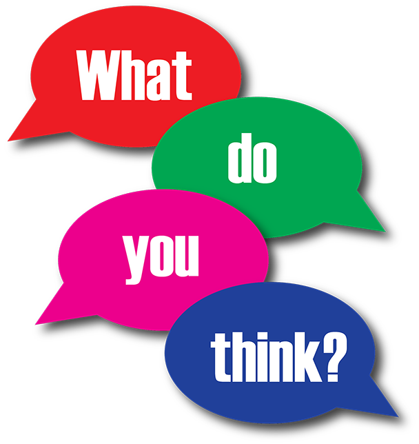 Quote bubbles with words "What do you think?"